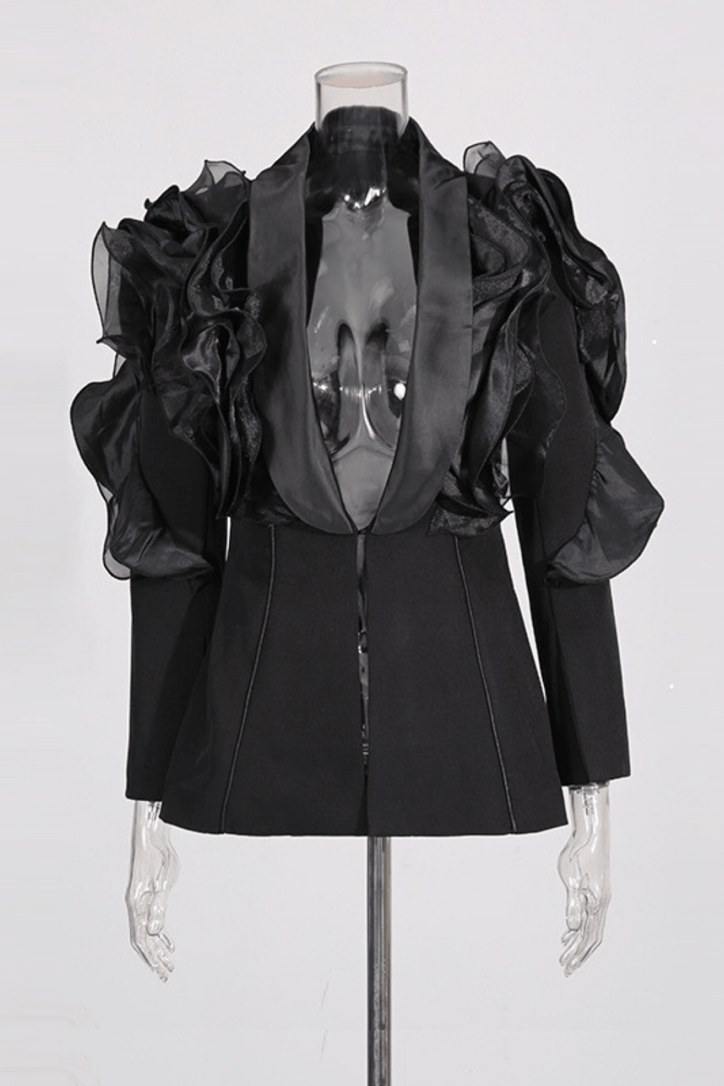 Amie Black Ruffled Satin Lapel Tailored Blazer Avalabel