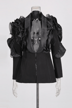 Amie Black Ruffled Satin Lapel Tailored Blazer Avalabel
