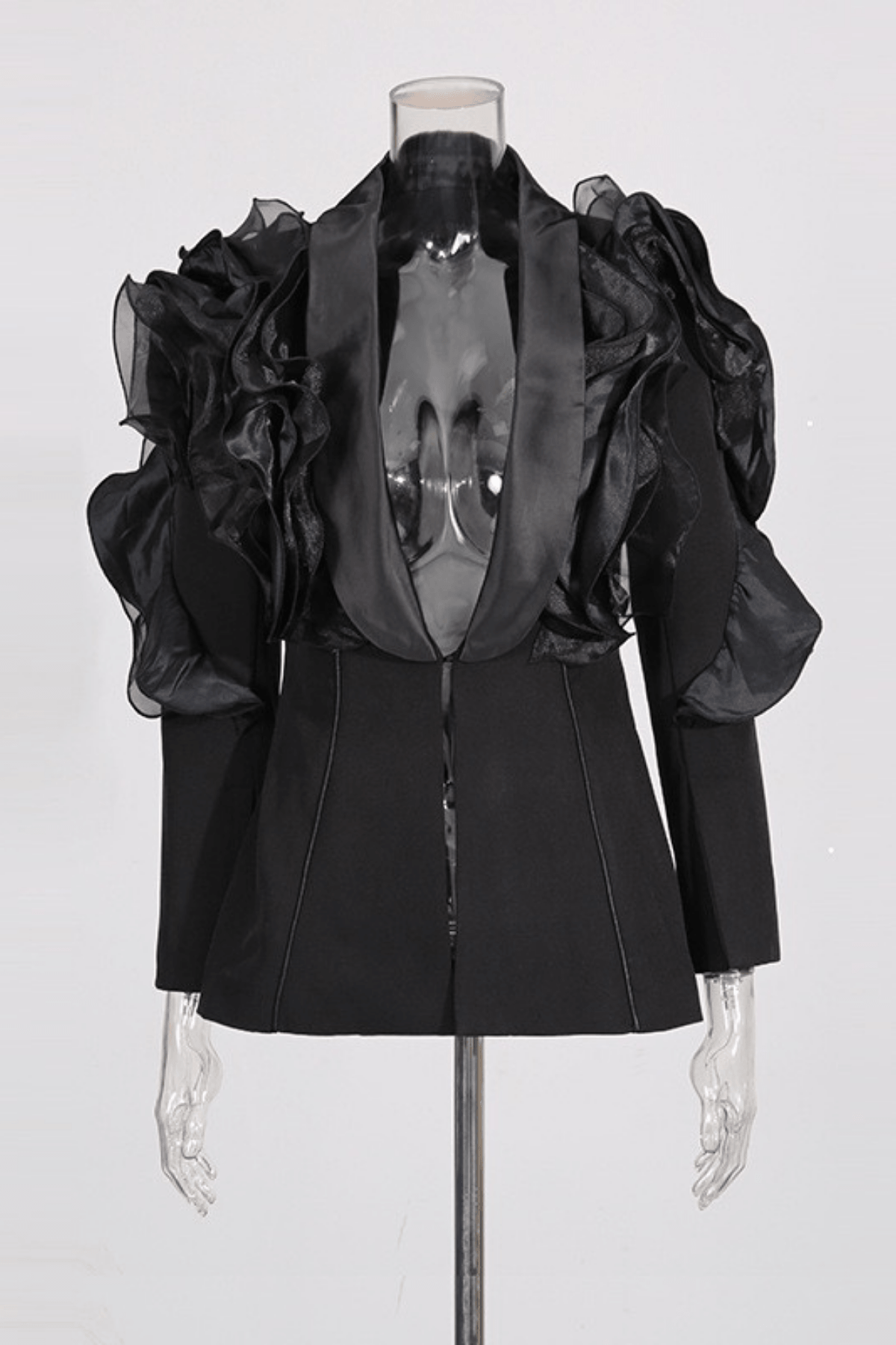 Amie Black Ruffled Satin Lapel Tailored Blazer Avalabel