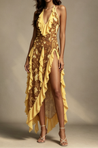 Golden Coin Vintage Print Halter V Neck Ruffle Trim High Side Slit Asymmetrical Chiffon Midi Dress - Avalabel