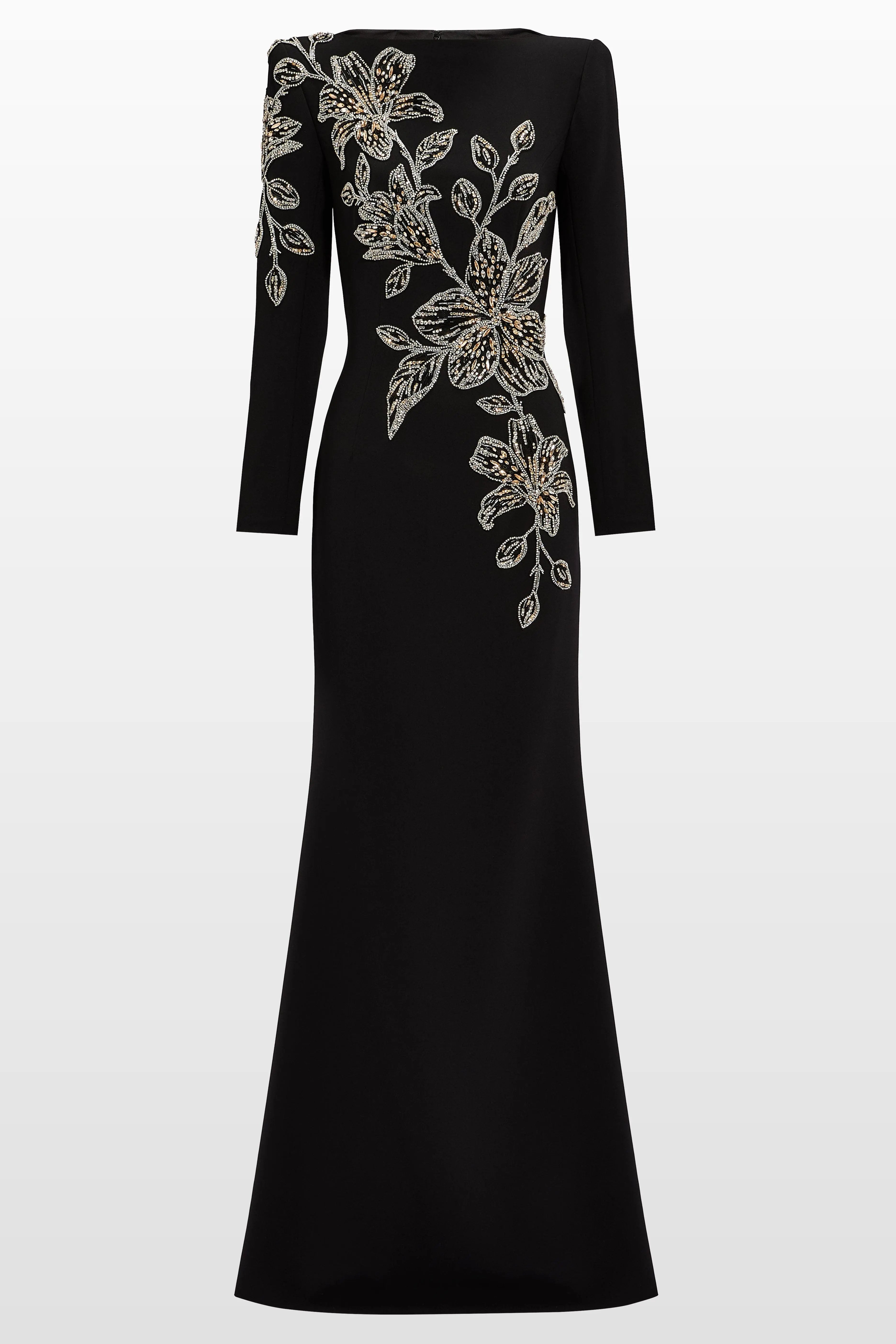 monica rhinestone Orchid Floral-Embellished Maxi Dress in black Avalabel