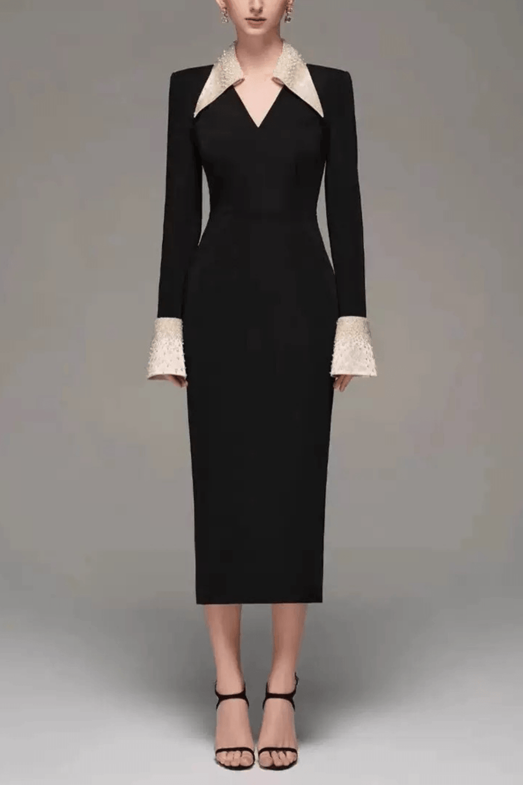 Sandra Black Beaded Collar Long Sleeve Dress Avalabel