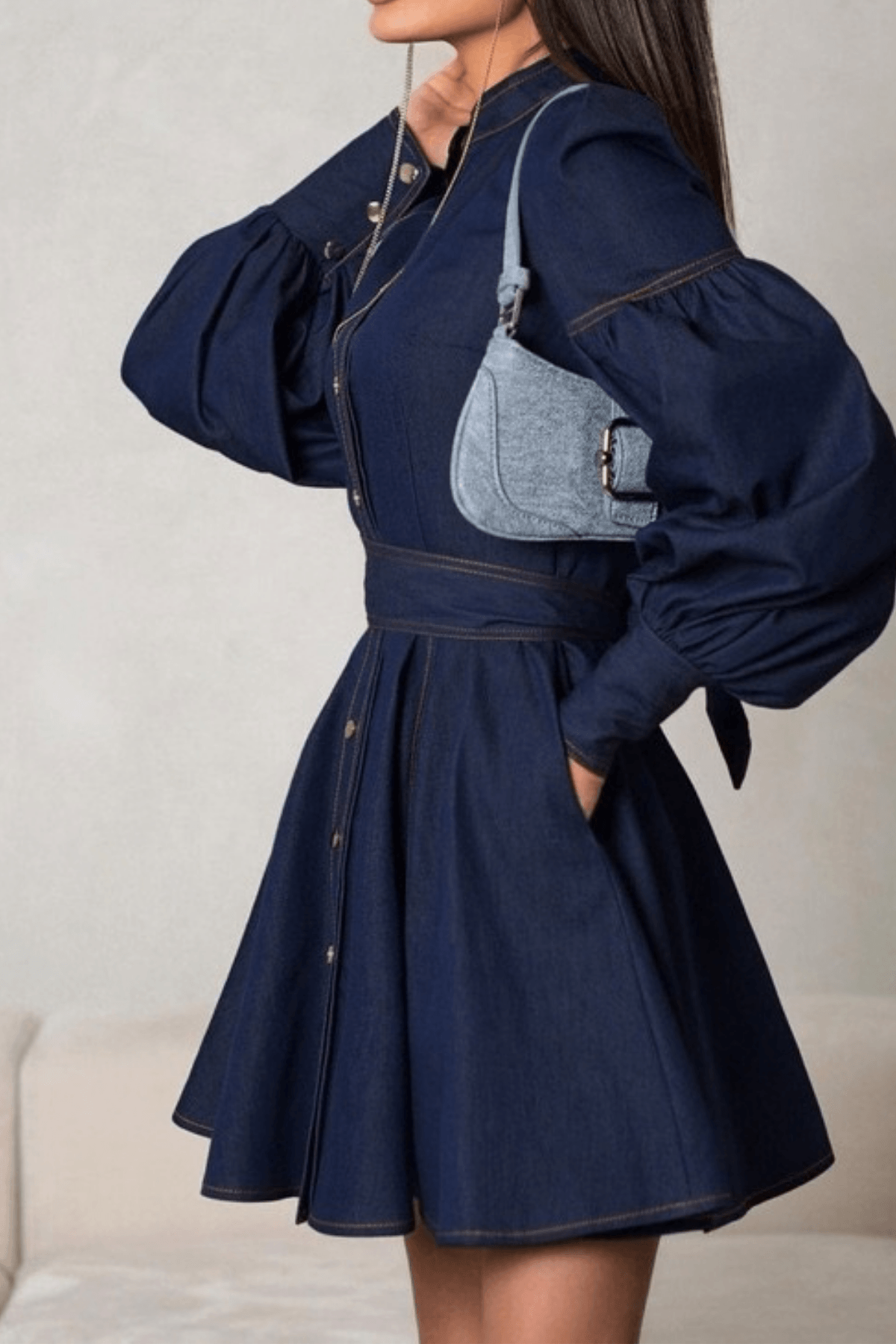 Ivana Puff Sleeve Belted Denim Mini Dress Avalabel