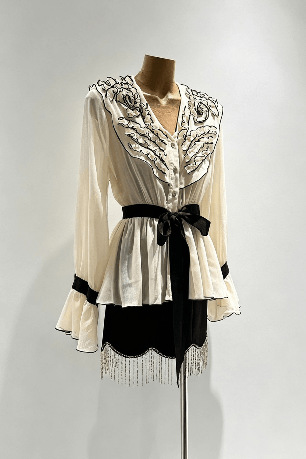Aileen Cream Floral Belted Peplum Bell Sleeve Blouse Avalabel