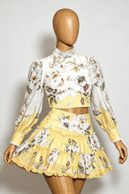 Jackie Yellow Floral Puff Sleeve Skirt Set Avalabel