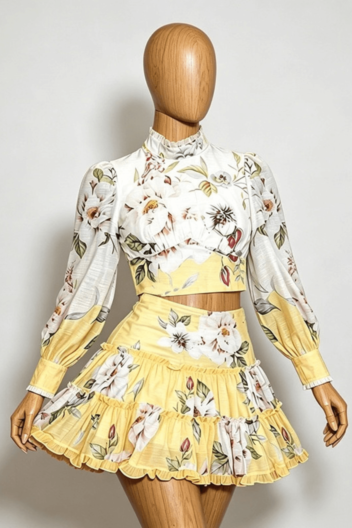 Jackie Yellow Floral Puff Sleeve Skirt Set Avalabel