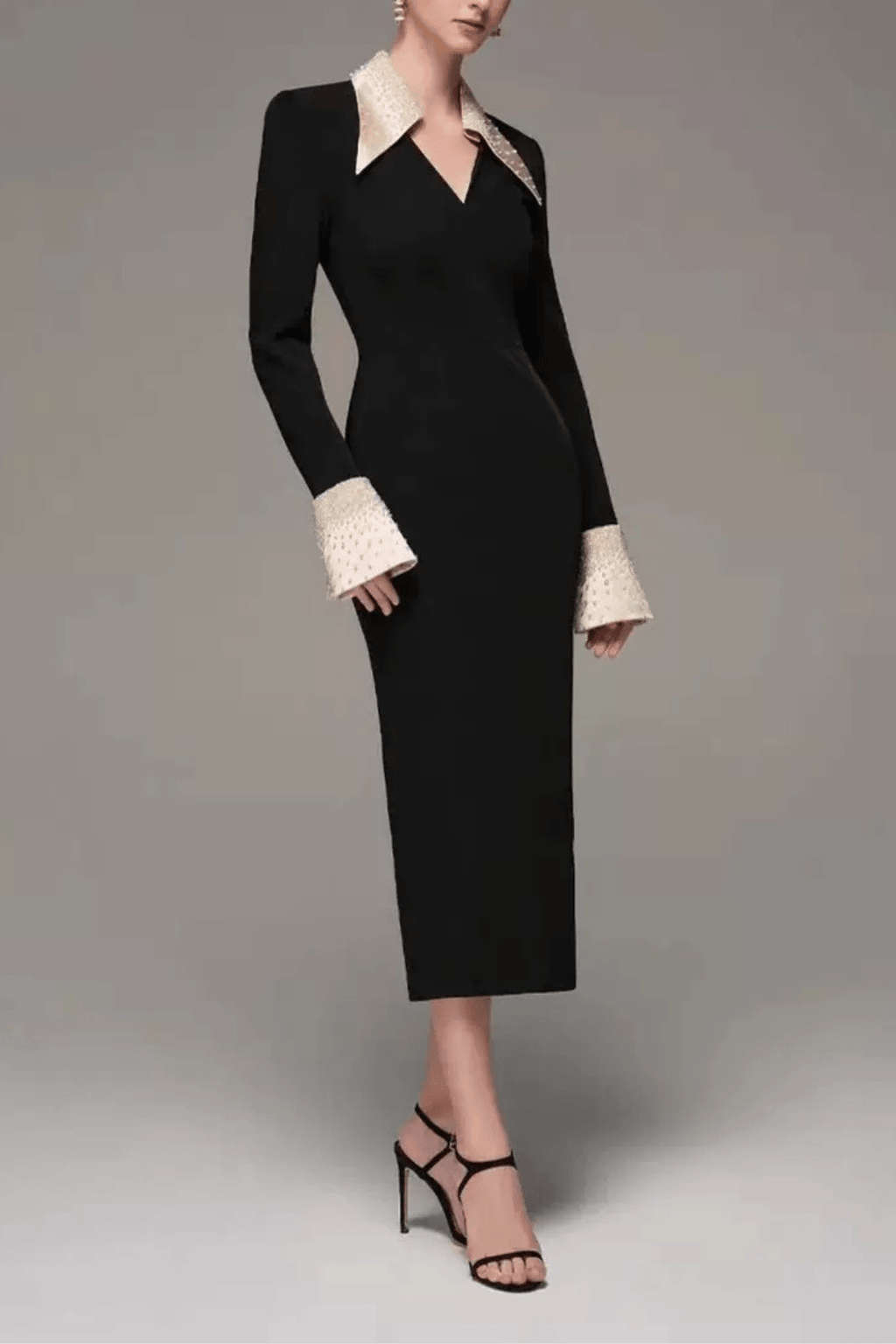 Sandra Black Beaded Collar Long Sleeve Dress Avalabel