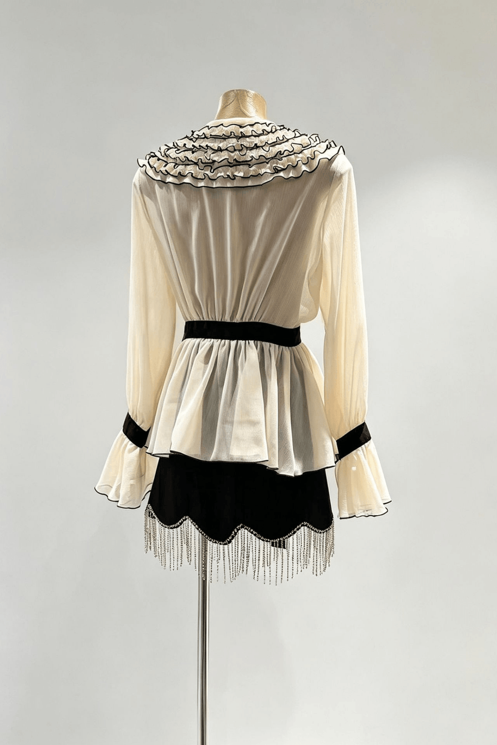 Aileen Cream Floral Belted Peplum Bell Sleeve Blouse Avalabel