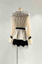Aileen Cream Floral Belted Peplum Bell Sleeve Blouse Avalabel