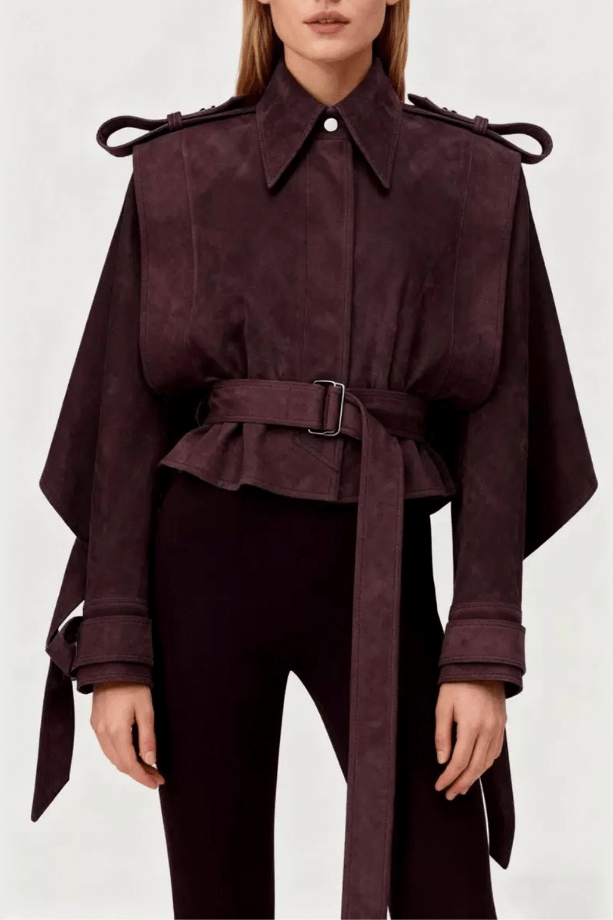 Debra Dark Burgundy Suede Belted Jacket Avalabel