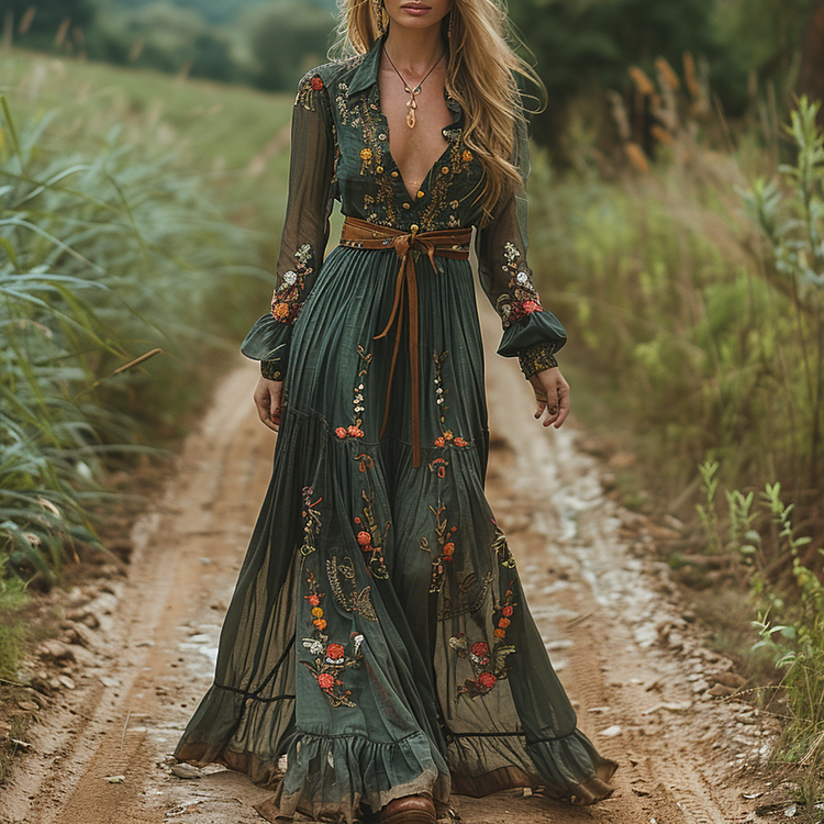 V-neck Linen Long-sleeved Long Dress Avalabel