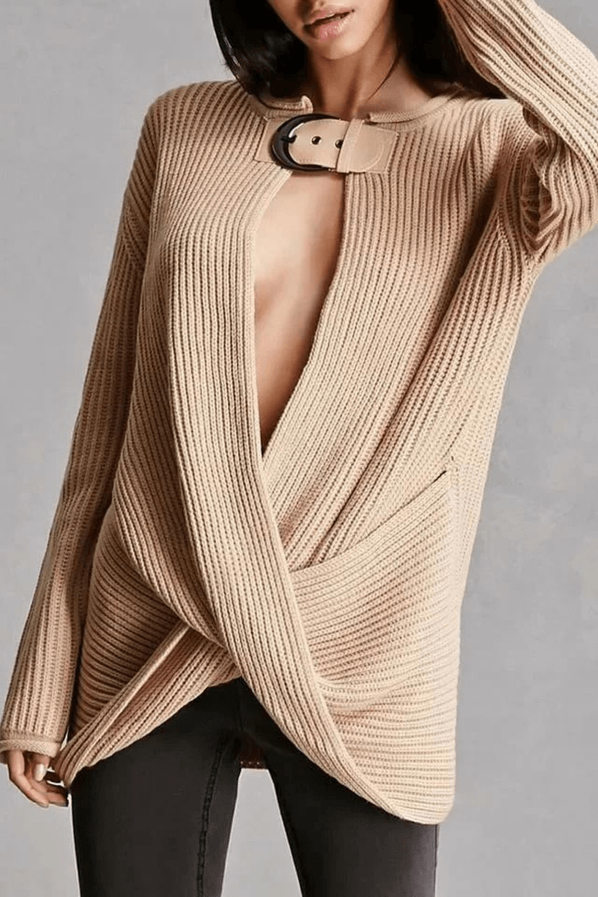 Pink Buckle Wrap Front Oversized Ribbed Sweater Avalabel