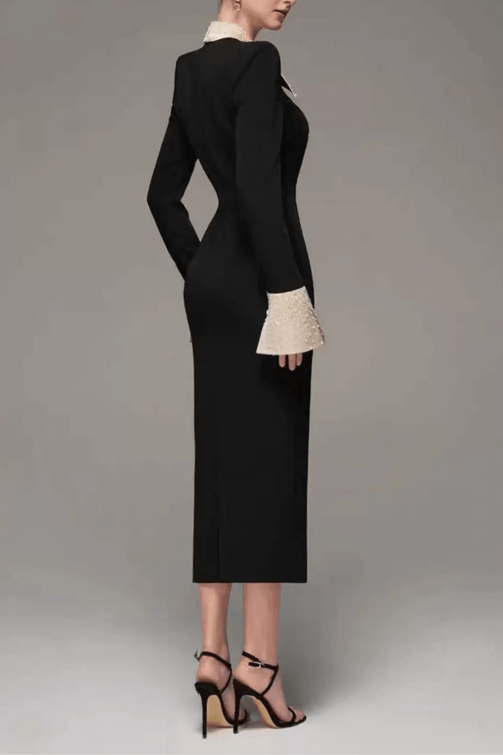 Sandra Black Beaded Collar Long Sleeve Dress Avalabel
