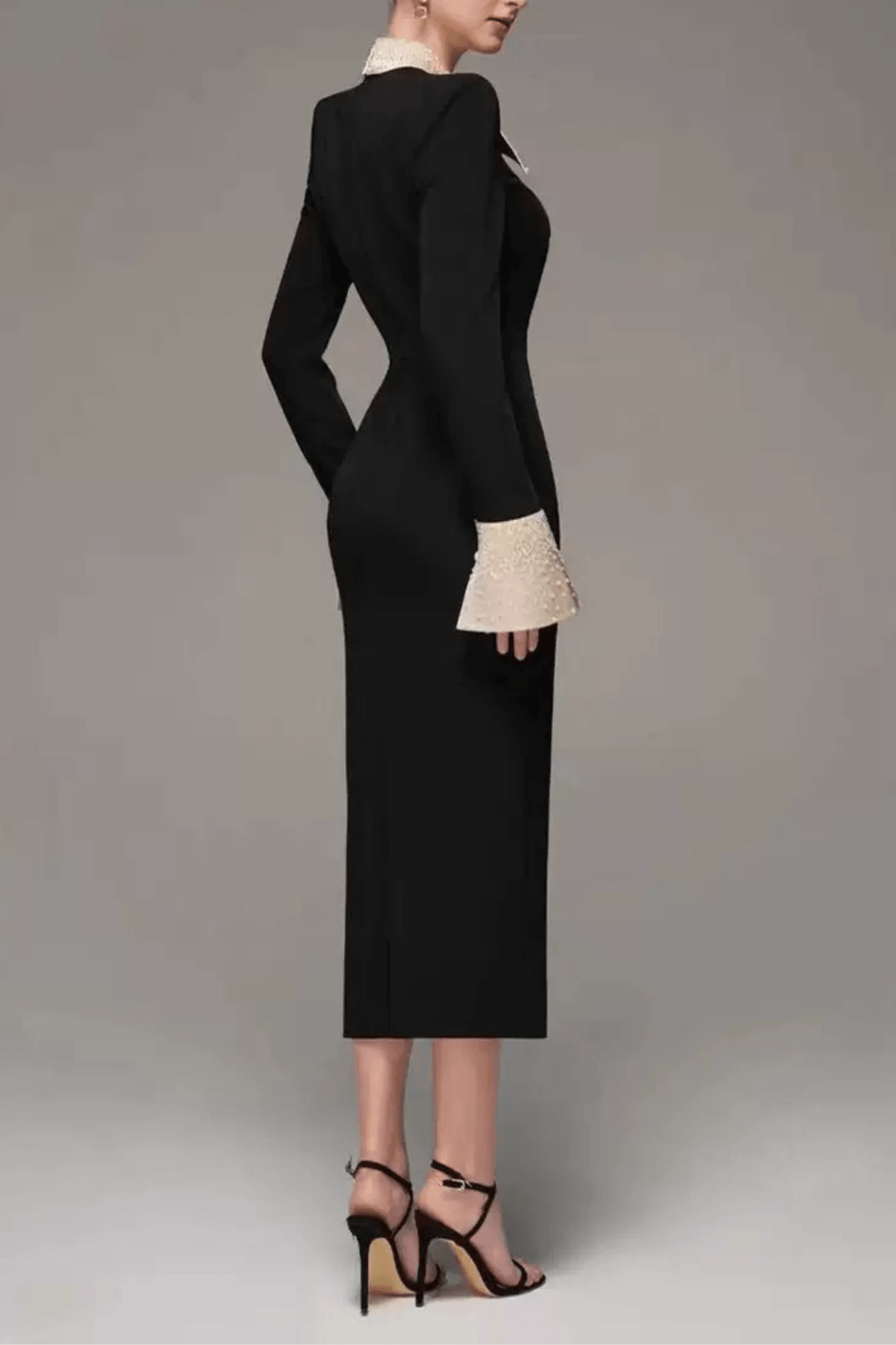 Sandra Black Beaded Collar Long Sleeve Dress Avalabel