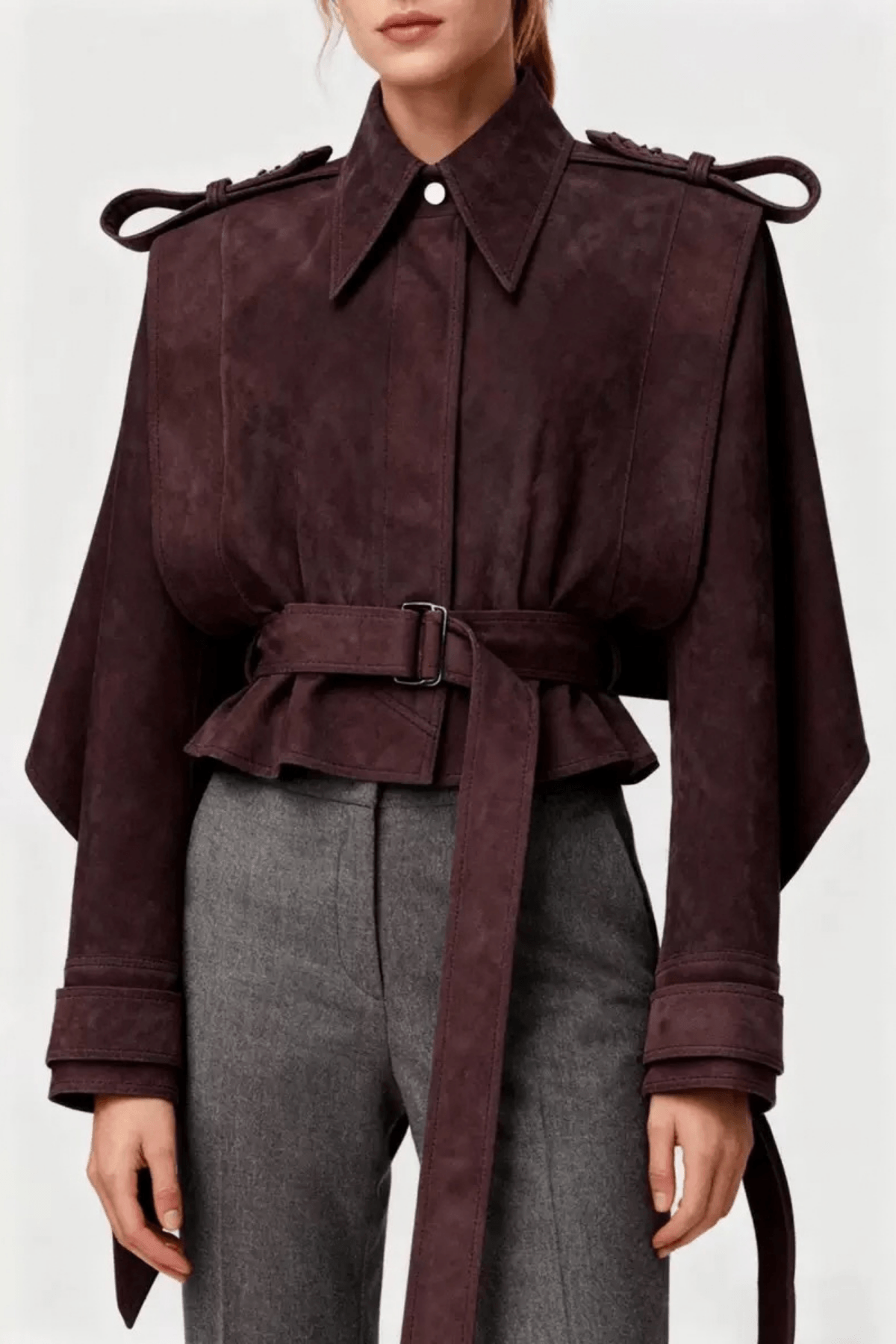 Debra Dark Burgundy Suede Belted Jacket Avalabel