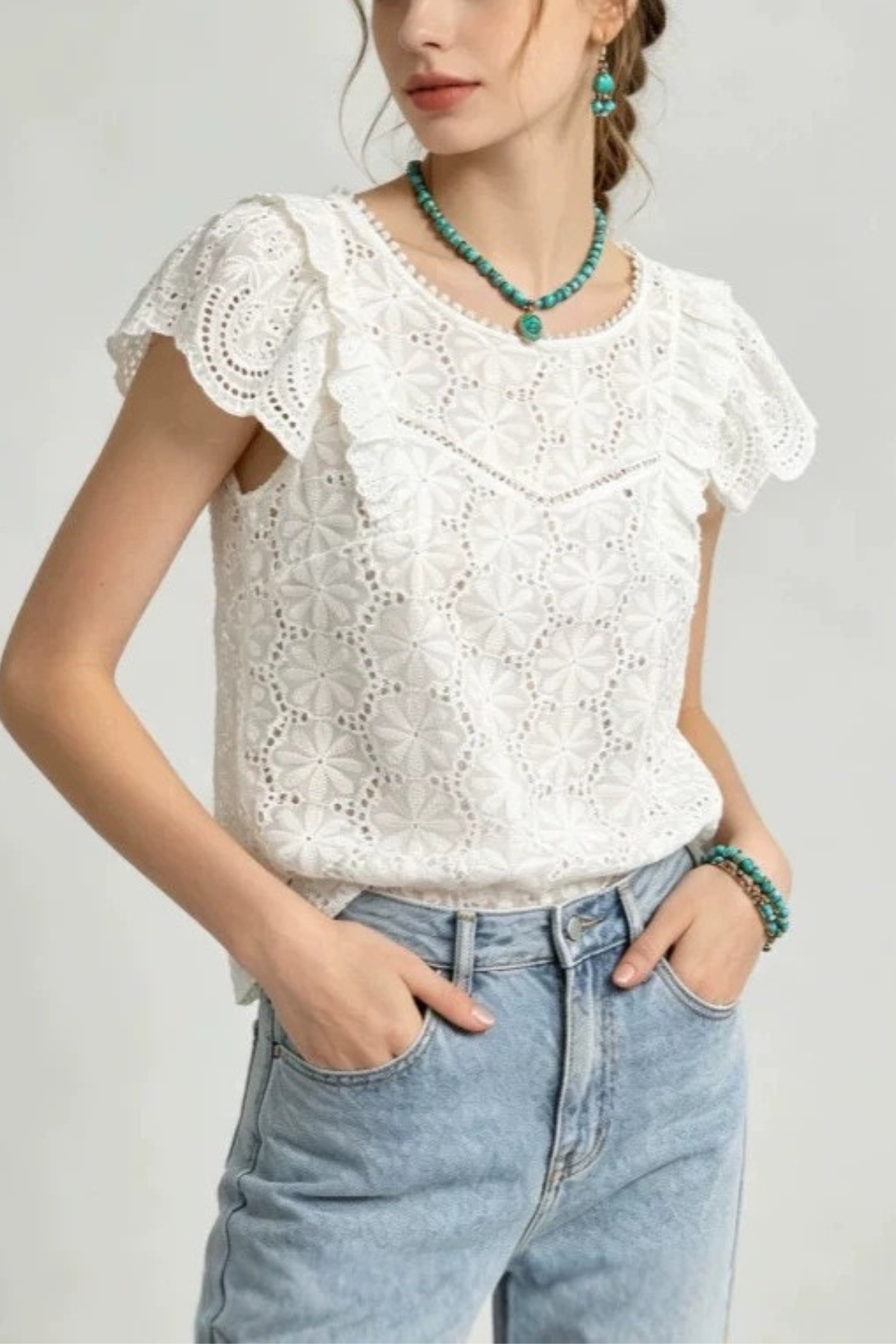 Lila White Ruffle Eyelet Lace Blouse Avalabel