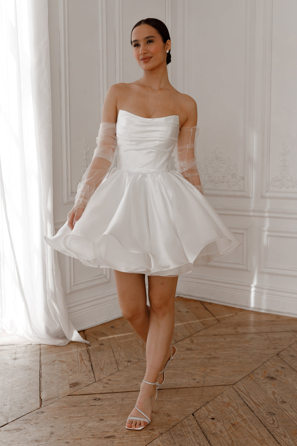 Molly Detachable Straps Mini Dress in Light Lvory Avalabel