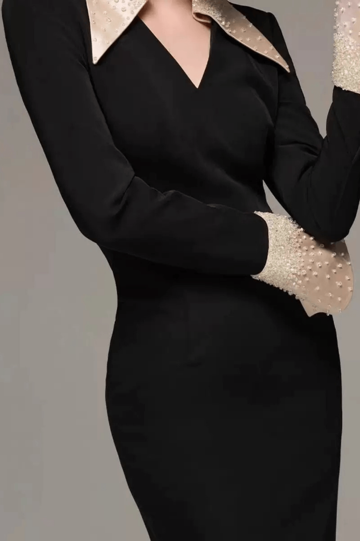 Sandra Black Beaded Collar Long Sleeve Dress Avalabel
