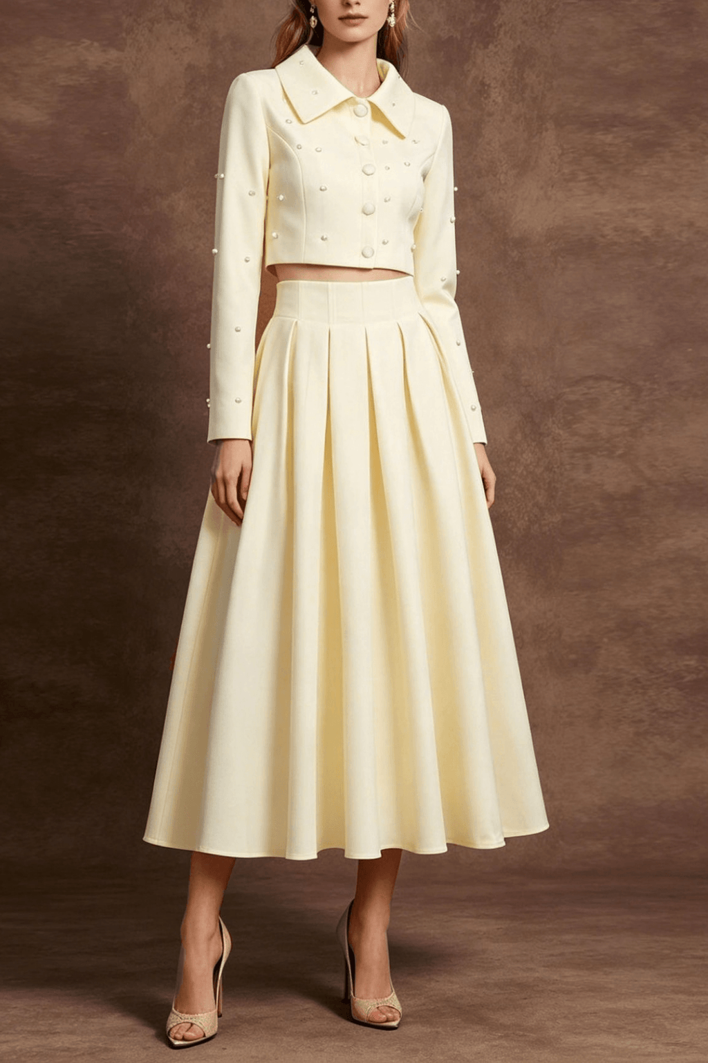 Erica Pearl Embellished Crop Pleated Skirt Set Avalabel