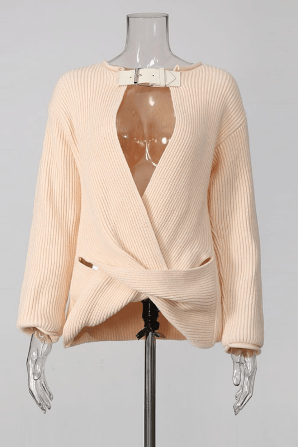 Pink Buckle Wrap Front Oversized Ribbed Sweater Avalabel
