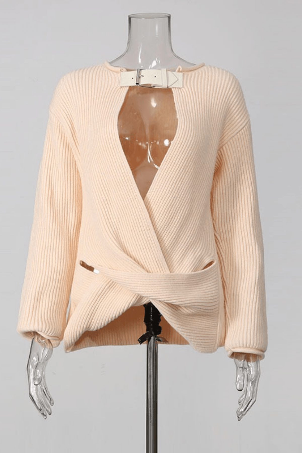 Pink Buckle Wrap Front Oversized Ribbed Sweater Avalabel