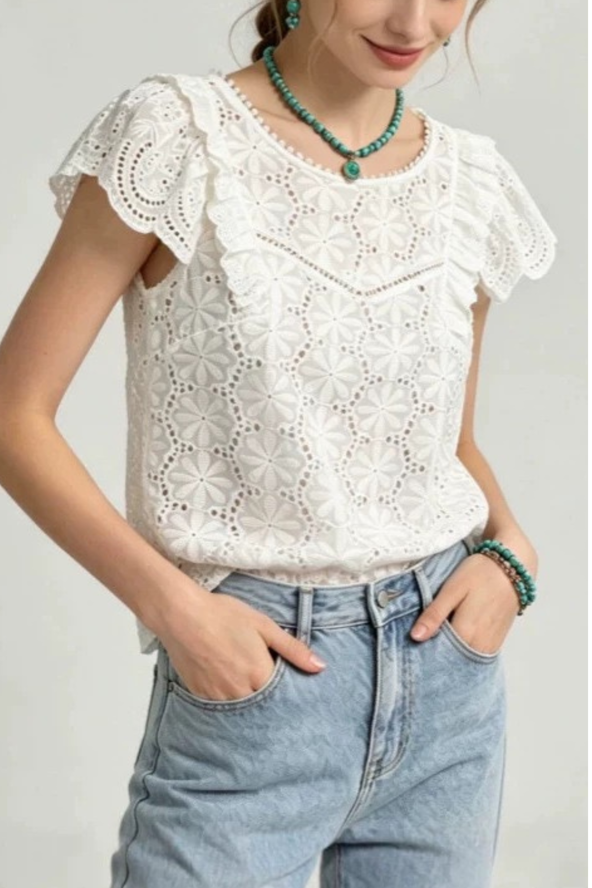 Lila White Ruffle Eyelet Lace Blouse Avalabel