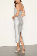 Camila Silver Strapless Ruched Midi Dress Avalabel