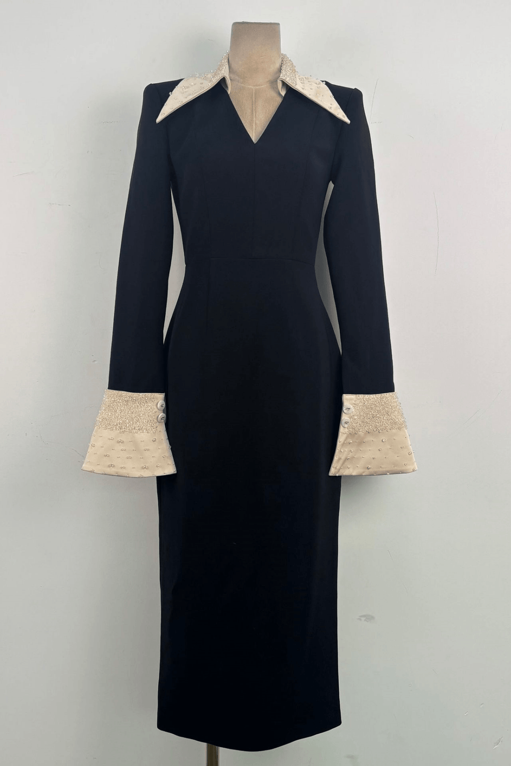 Sandra Black Beaded Collar Long Sleeve Dress Avalabel