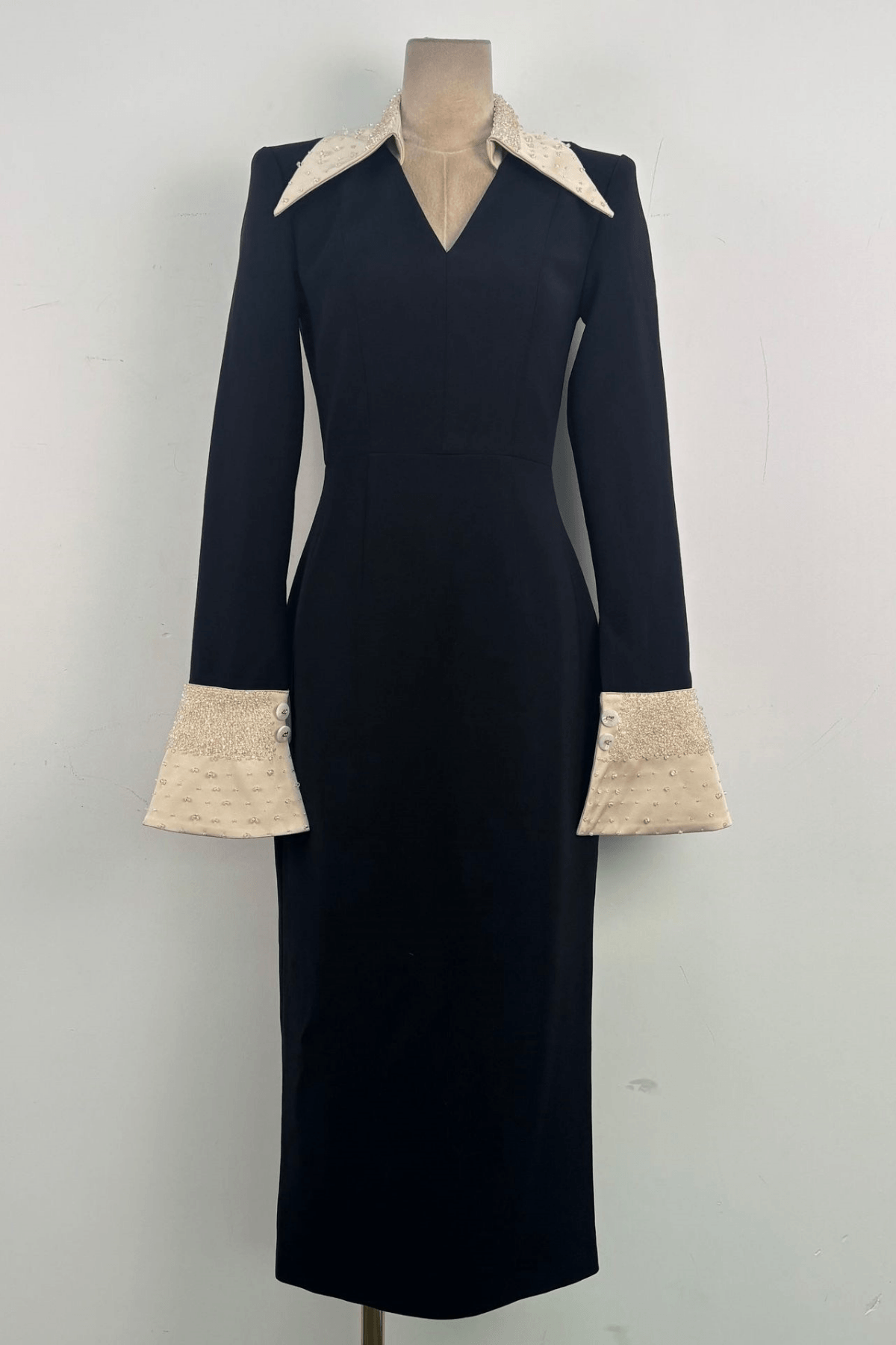Sandra Black Beaded Collar Long Sleeve Dress Avalabel