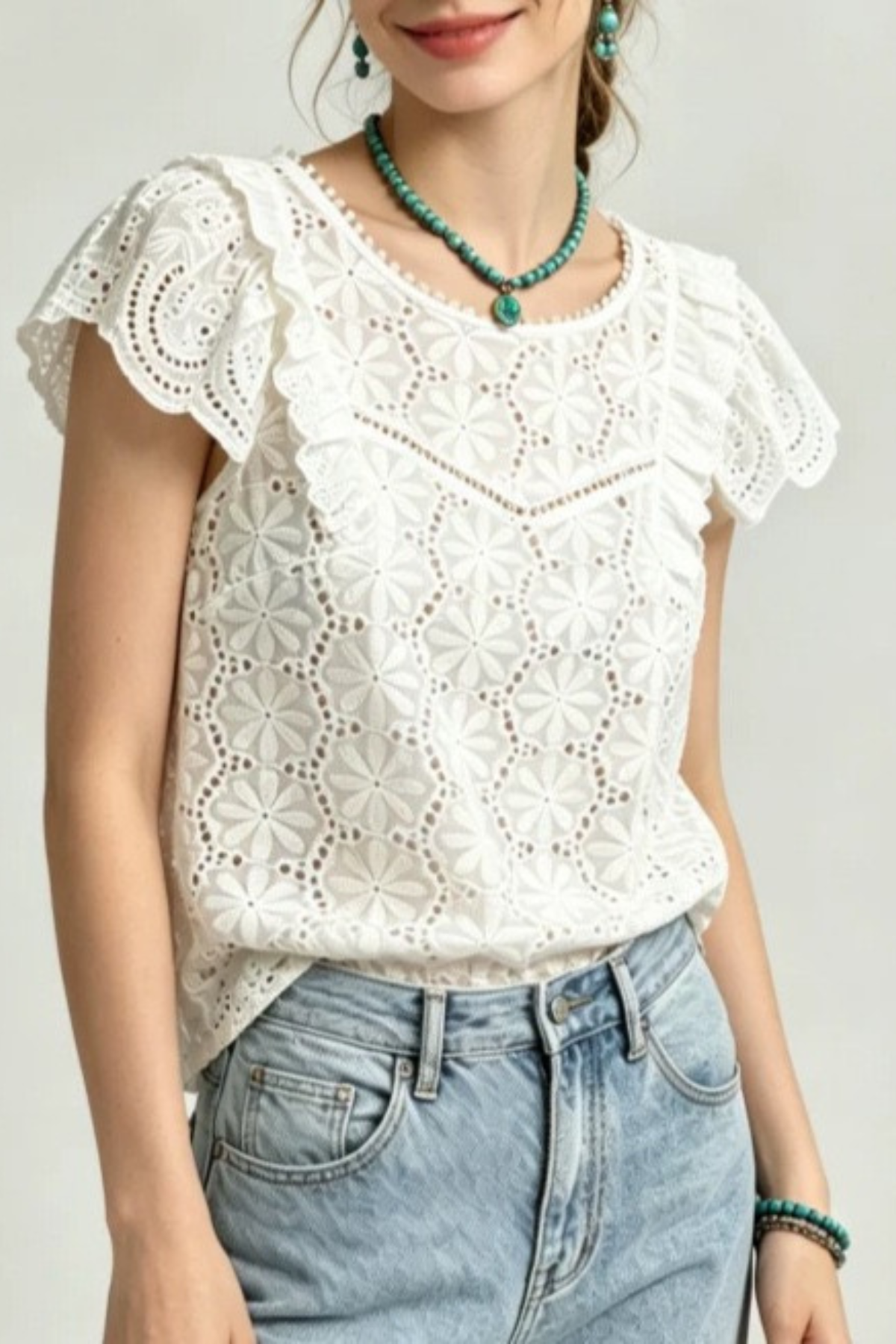 Lila White Ruffle Eyelet Lace Blouse Avalabel