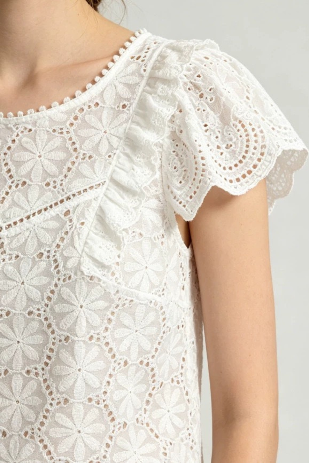Lila White Ruffle Eyelet Lace Blouse Avalabel