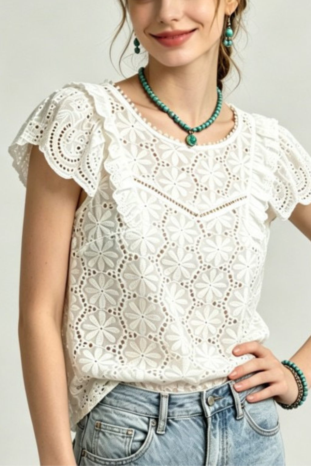 Lila White Ruffle Eyelet Lace Blouse Avalabel