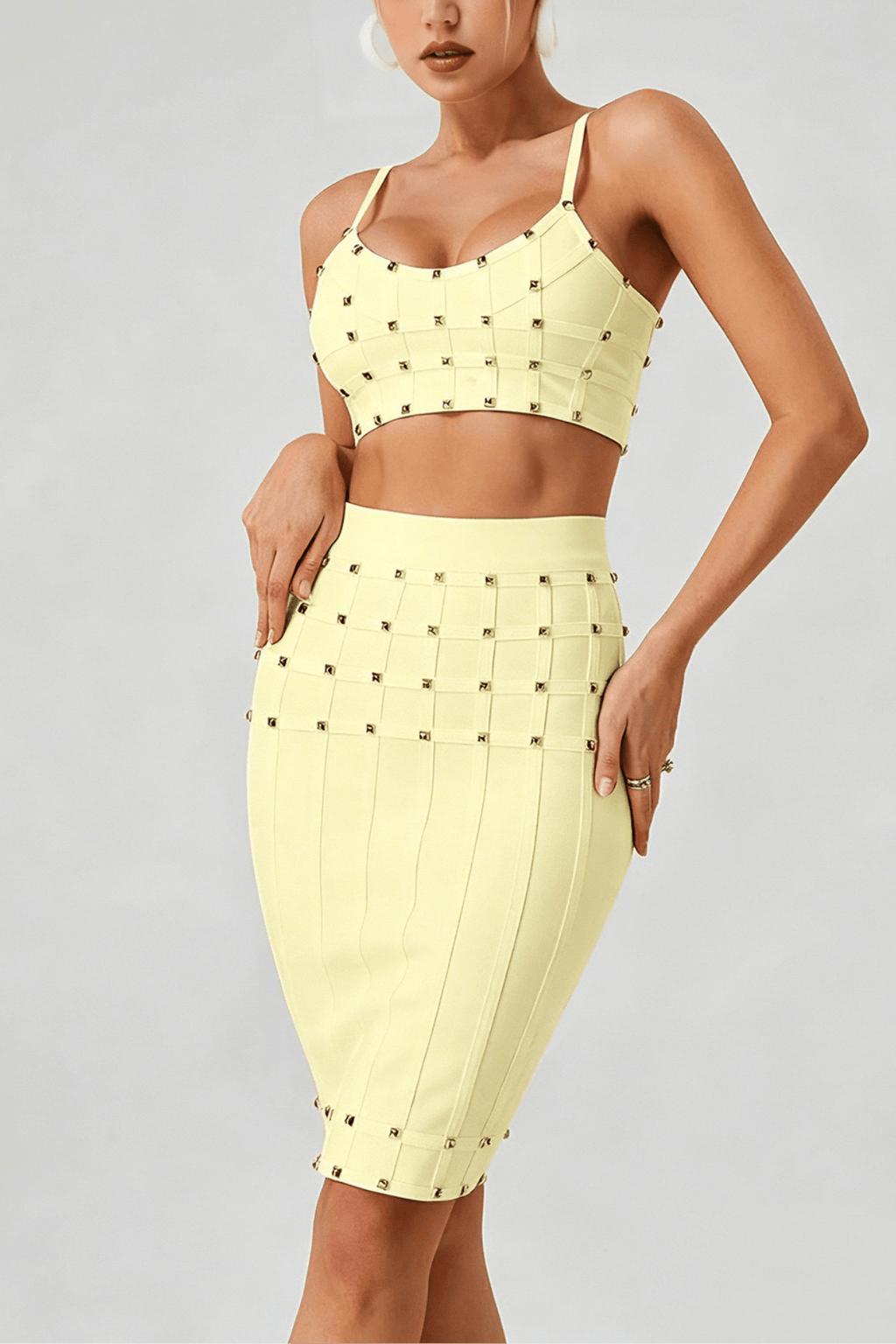 Elegant Studded Two Piece Bodycon Midi Party Dress Avalabel