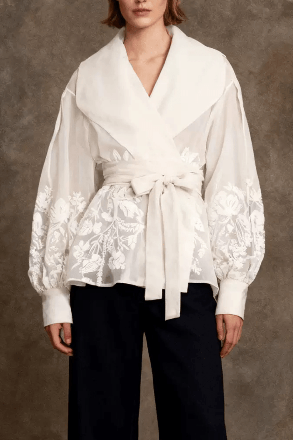 Bella White Floral Wrap Belted Bishop Sleeve Blouse Avalabel