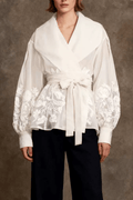 Bella White Floral Wrap Belted Bishop Sleeve Blouse Avalabel