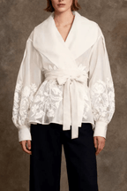 Bella White Floral Wrap Belted Bishop Sleeve Blouse Avalabel