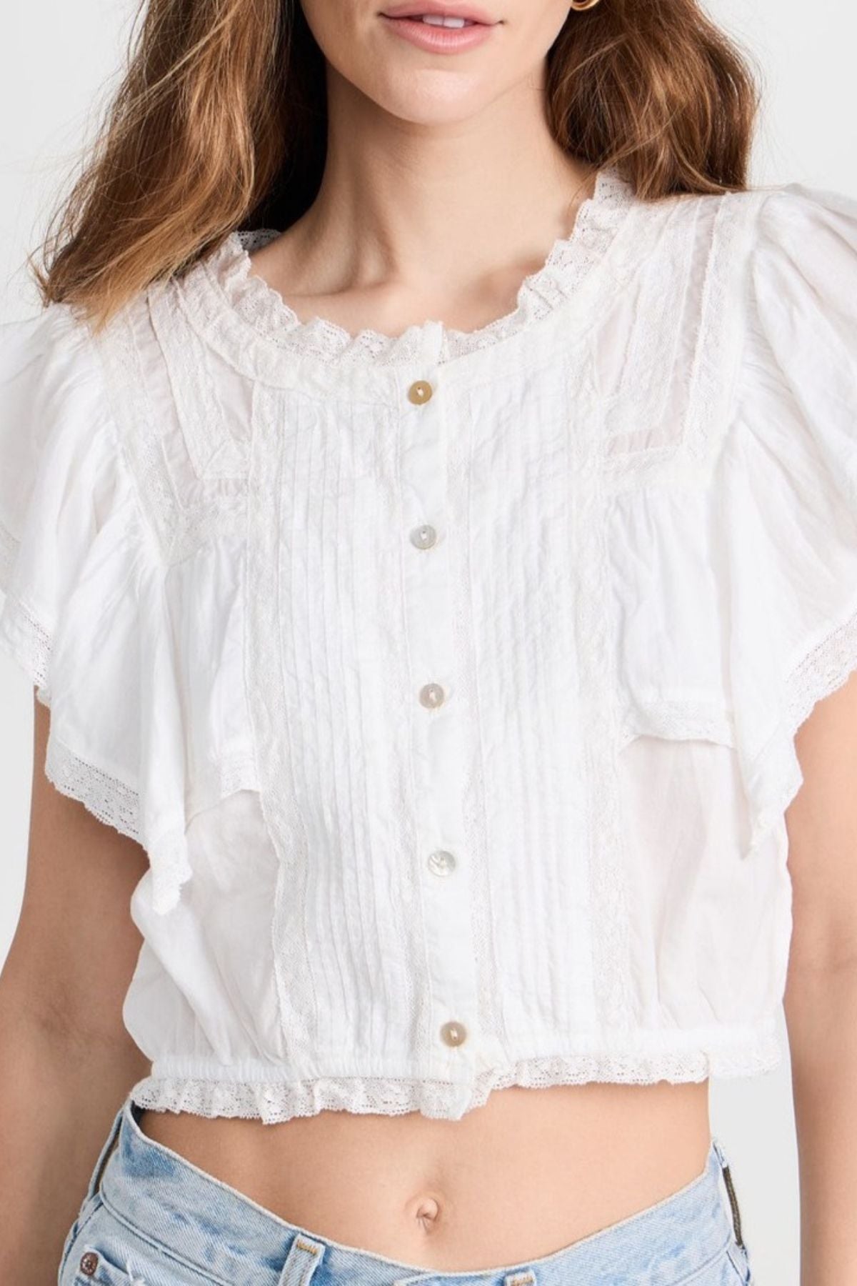 Hazel Lace Trim Pintuck Short Sleeve Crop Shirt Avalabel