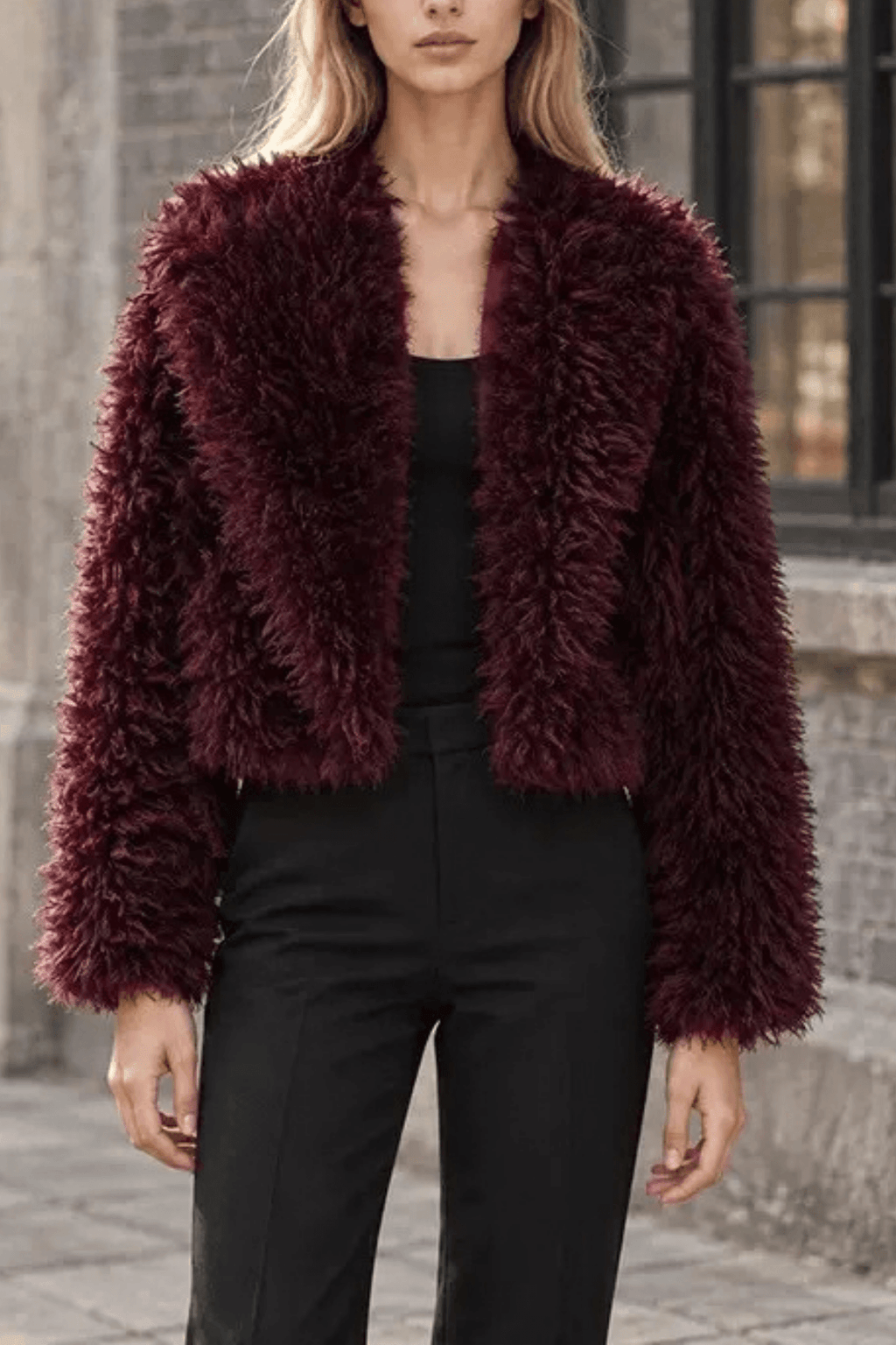 Denni Burgundy Faux Fur Cropped Jacket Avalabel
