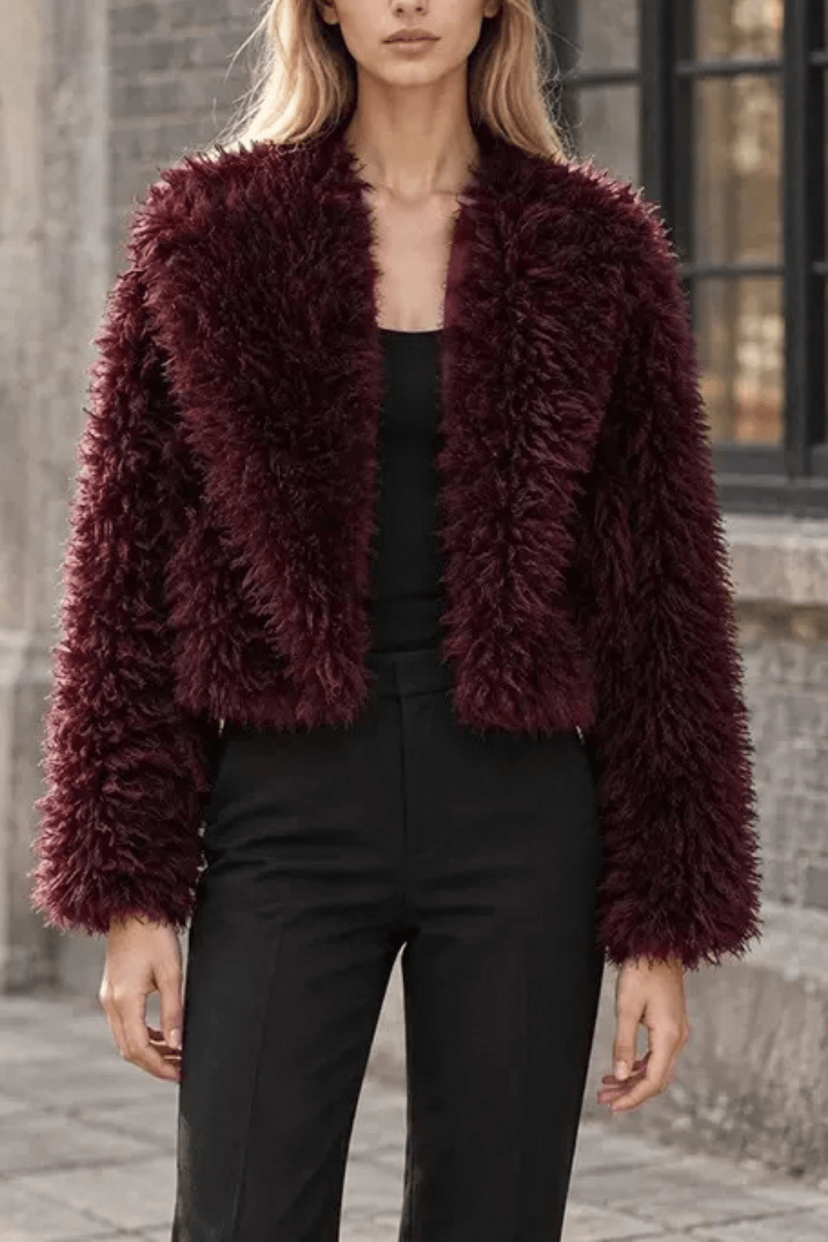 Denni Burgundy Faux Fur Cropped Jacket Avalabel