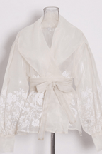 Bella White Floral Wrap Belted Bishop Sleeve Blouse Avalabel