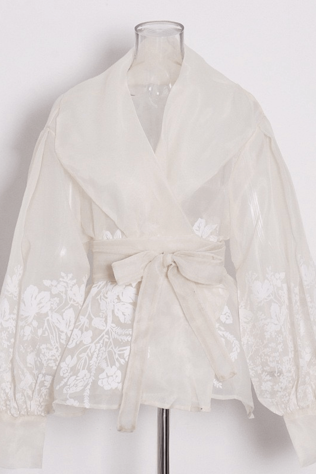 Bella White Floral Wrap Belted Bishop Sleeve Blouse Avalabel