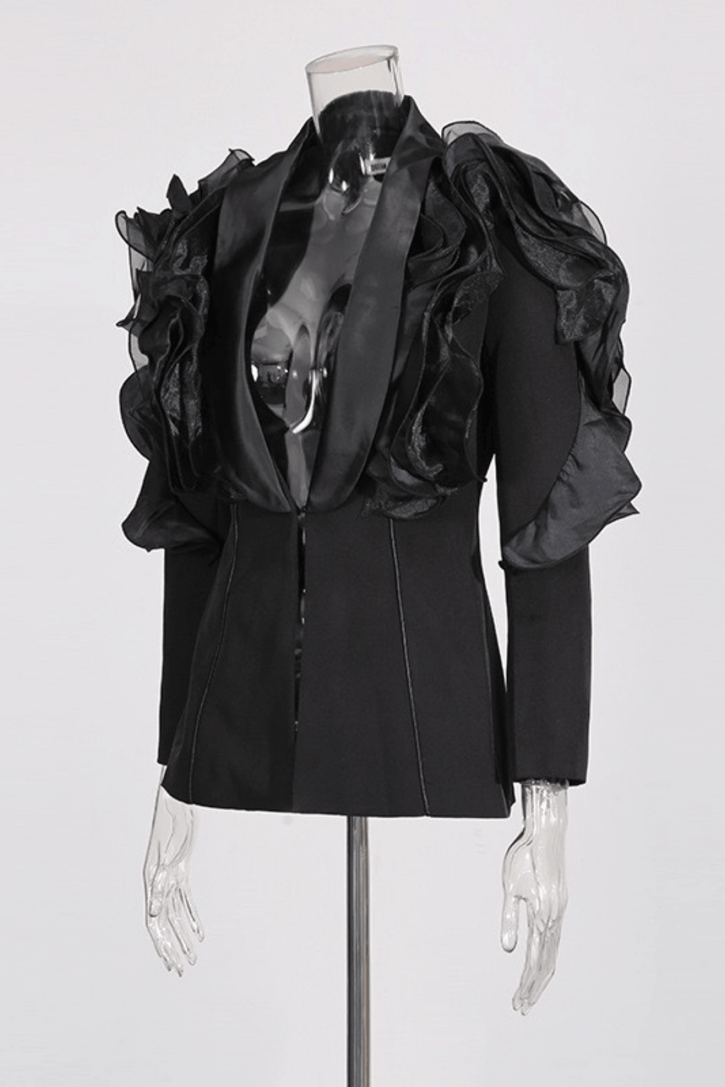 Amie Black Ruffled Satin Lapel Tailored Blazer Avalabel