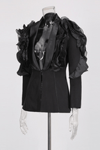 Amie Black Ruffled Satin Lapel Tailored Blazer Avalabel