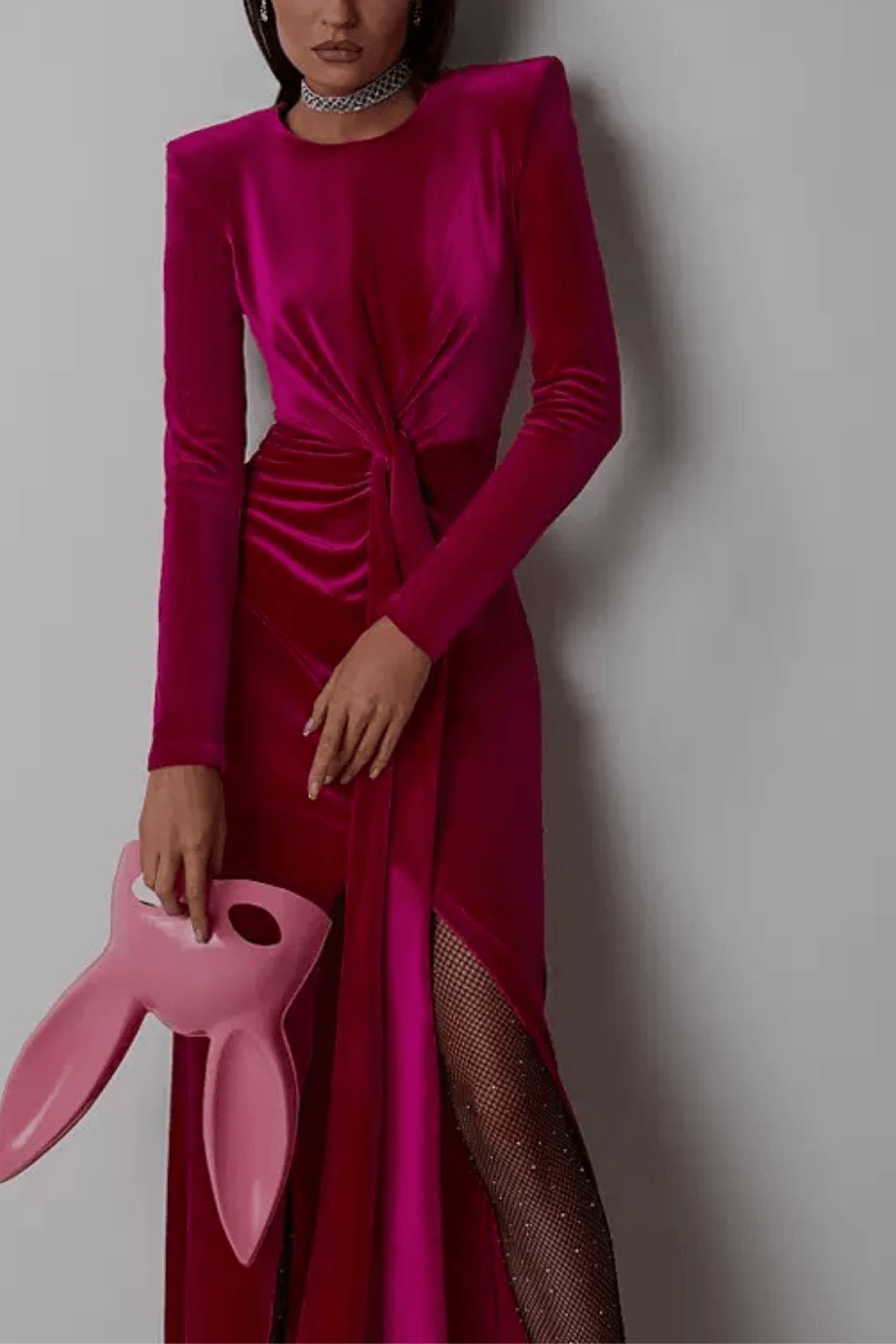 Burgundy Velvet Ruched Knot Slit Long Sleeve Dress Avalabel