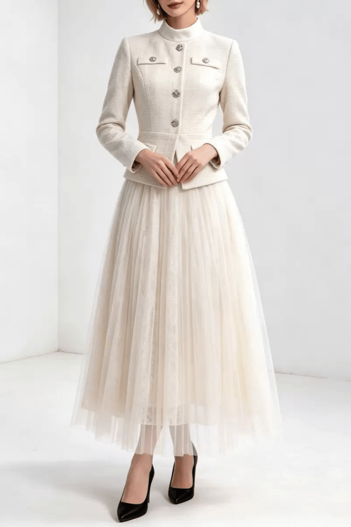 Lydia White Jacket and Tulle Midi Skirt Two Piece Set Avalabel