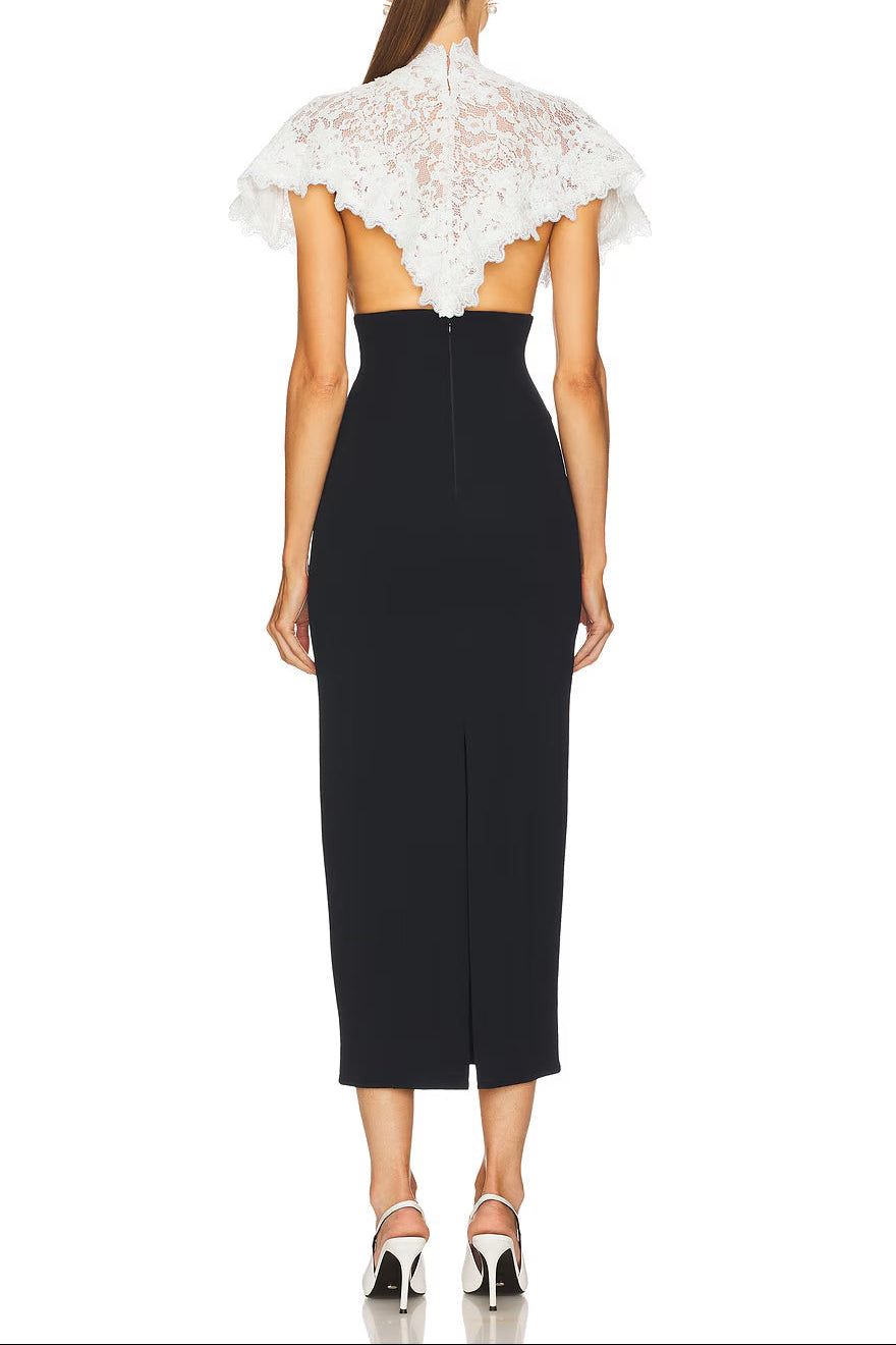 alice lace patchwork shawl bodycon midi dress in black Avalabel
