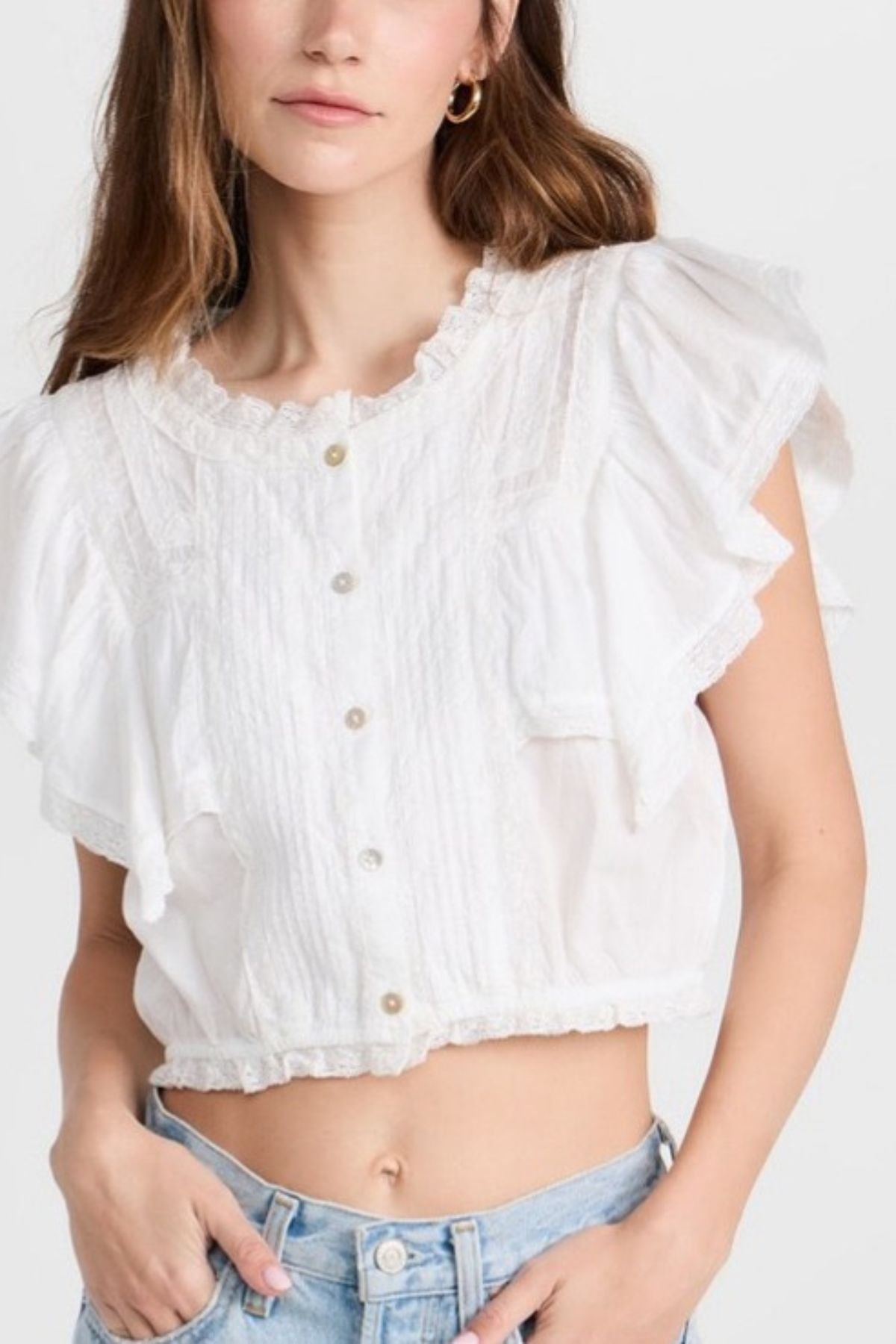 Hazel Lace Trim Pintuck Short Sleeve Crop Shirt Avalabel