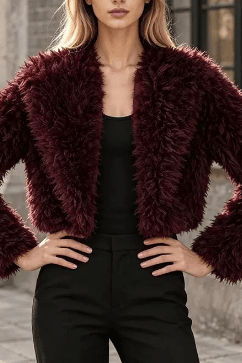 Denni Burgundy Faux Fur Cropped Jacket Avalabel