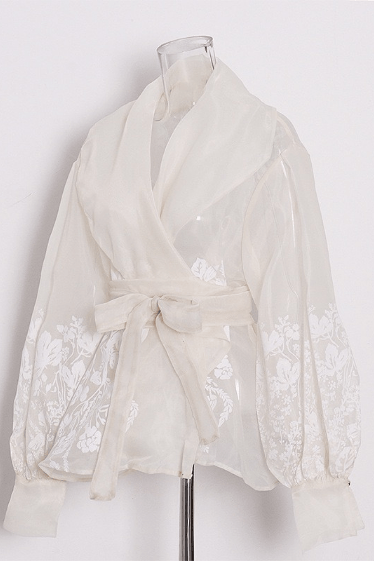 Bella White Floral Wrap Belted Bishop Sleeve Blouse Avalabel