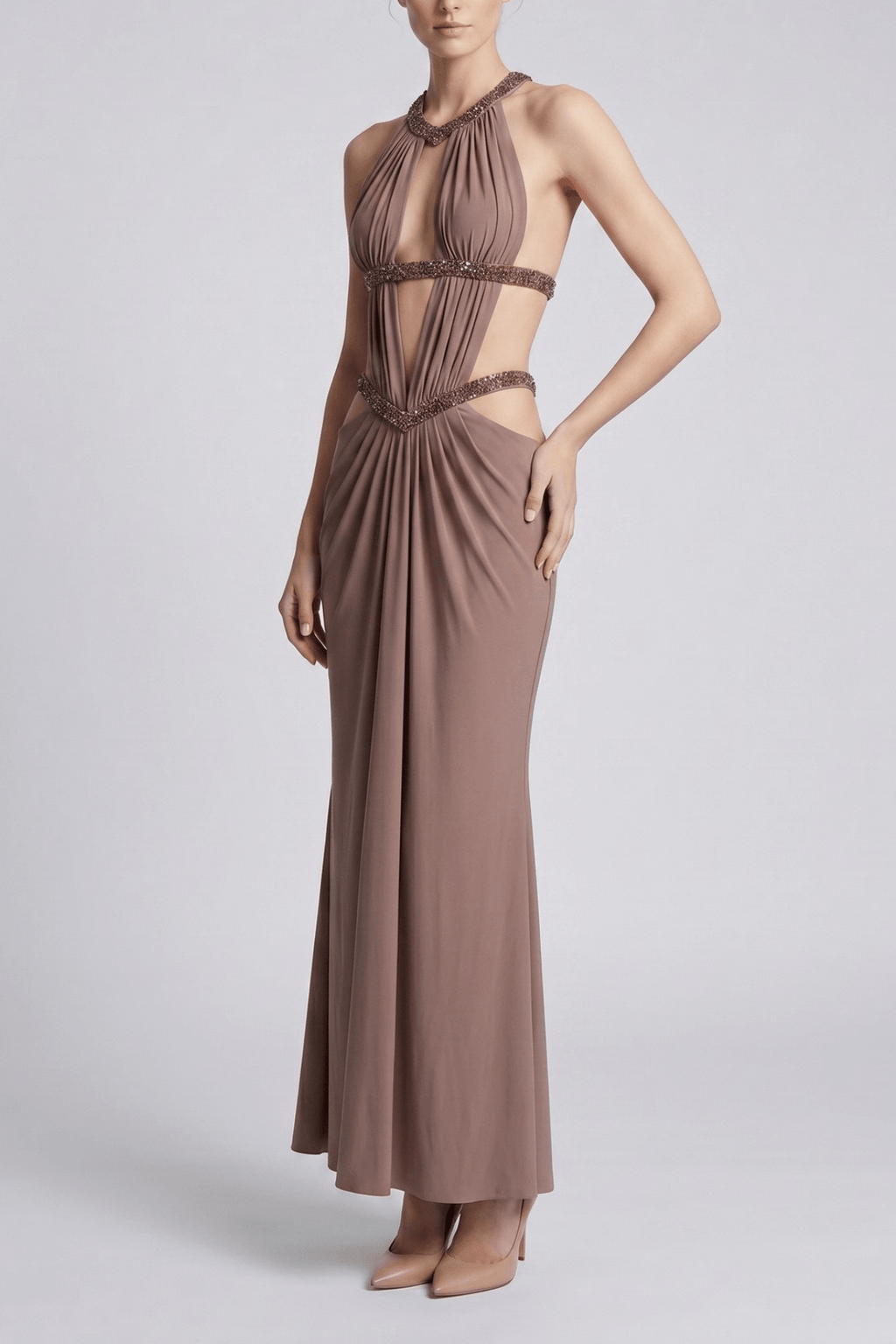 Doris Halter Cutout Beaded Evening Dress Avalabel